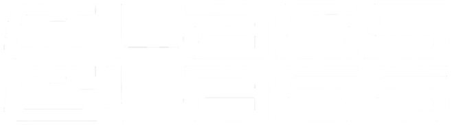Logo texte GLASS futuriste en lettres blanches pour lechartier-actiglass à Carcassonne
